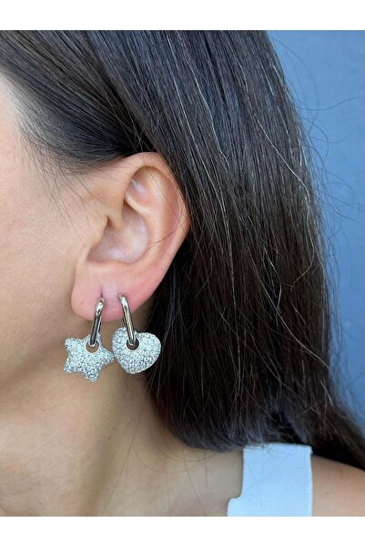 nunu takı Silver Color Stone Heart Earrings