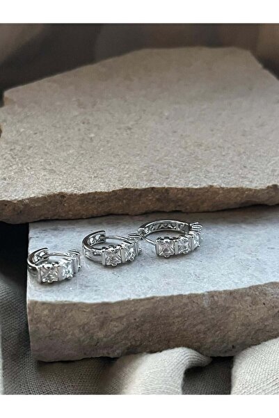 nunu takı Silver Color Row Stone Triple Earrings