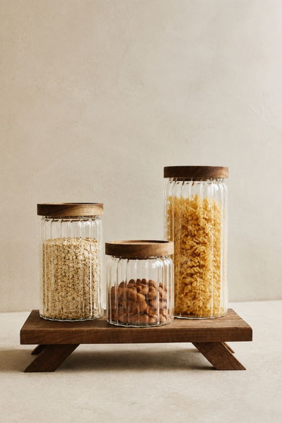 Meturas Acacia Wood Lid Glass Storage Jar Set, 3-Piece Set of 500 Ml, 700 ml ...