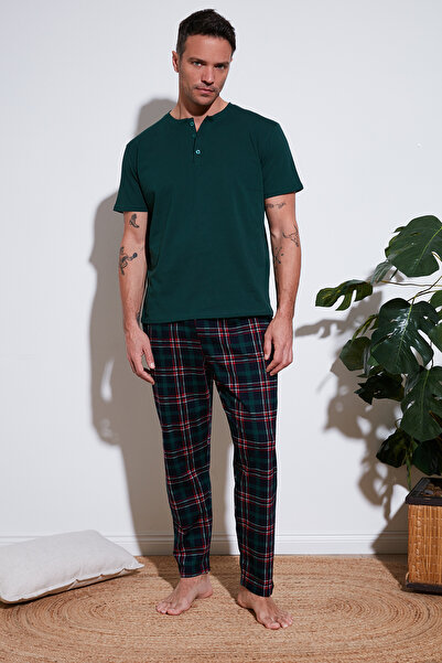 Buratti Plaid Cotton Elastic Waist Regular Fit Short Sleeve Pajama Set Men's ...