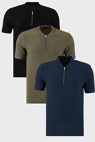 Buratti Cotton Regular Fit Half Zipper College Collar 3 Pack t Shirt Men t Sh...
