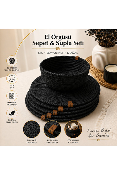 Wood Design Doğal Bambu Hasır Supla ve Runner Seti 7 Parça, Yemek Masası Serv...