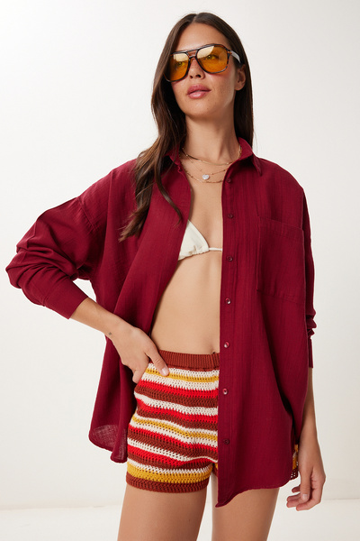 Lovelyİstanbul Oversize Basic Müslin Gömlek BORDO LMX0002