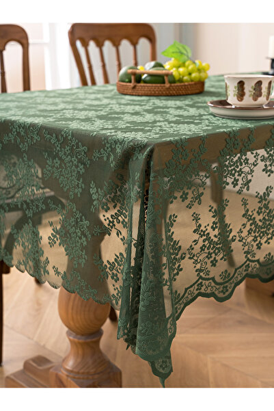 Choice 135x100cm green Retro Green Floral Lace Tablecloth, Semi-Transparent S...