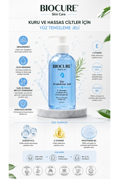 Biocure Yüz Temizleme Jeli Kuru Hassas Ciltler için Derinlemesine Temizleyici 250ml