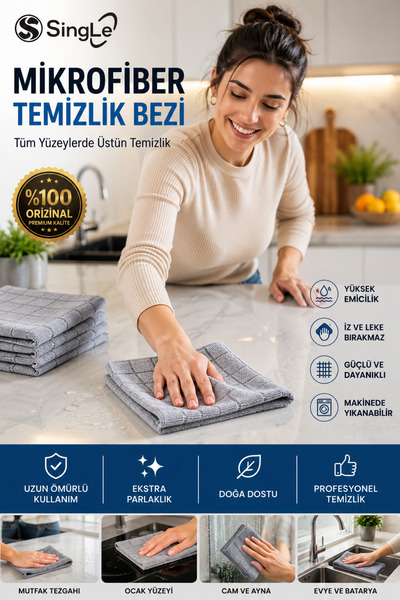 Single ( 3 Adet ) Mikrofiber Mutfak Ankastre Cam Temizlik Bezi 40:40 Cm Leke Tutmaz Koku Yapmaz