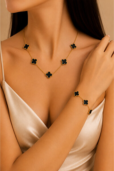 Inure Jewelry Black Clover Siyah Yonca Taşlı Gold Çerçeve Yonca Model Çelik (...