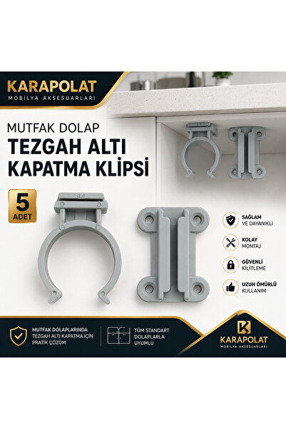 KARAPOLAT 5 Adet Gri Baza Klipsi Mutfak Dolap Tezgah Altı Kapatma Klipsi Ahşa...