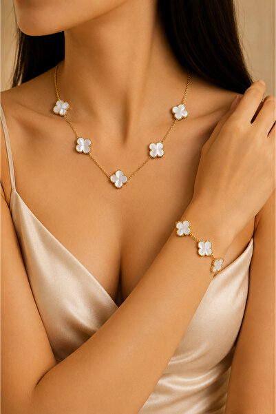 Inure Jewelry Matchless Beyaz Taşlı Yonca Model Kadın Çelik (KOLYE & BİLEKLİK...