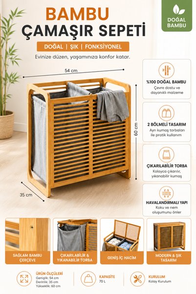 Begin Power Doğal Bambu Çamaşır Sepeti 70 Litre 2 Gözlü Kirli Çamaşır Sepeti ...