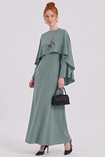 Kayra Cape Detailed Satin Dress in Moss Green