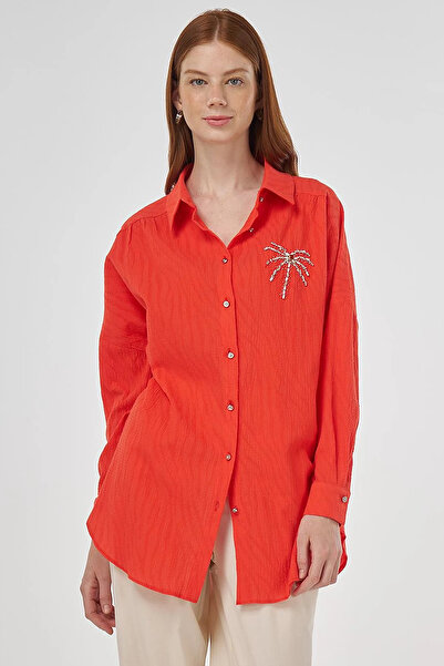 Kayra Palm Embroidered Cotton Tunic Coral