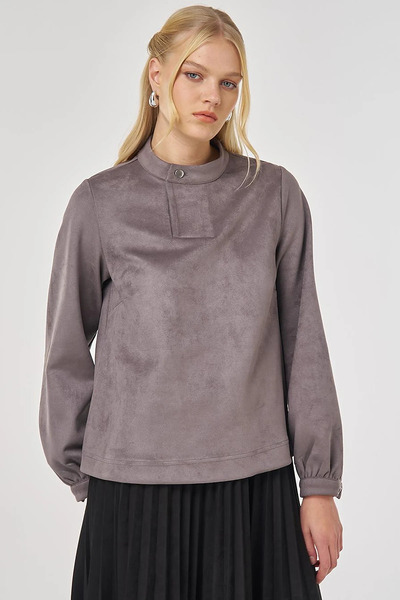 KYR Stand Collar Suede Blouse Smoked