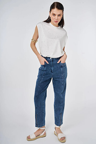 Kayra Washable Zippered Denim Trousers Blue