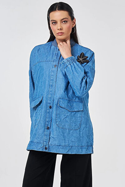 Kayra Embossed Pattern College Collar Jacket Indigo