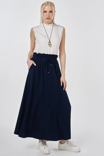 Kayra Waist Drawstring A-Line Skirt Dark Navy Blue