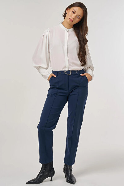 KYR Elastic Waist Belt Detailed Grass Carrot Trousers Dark Navy Blue