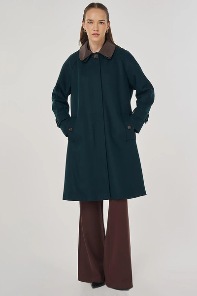 Kayra Leather Collar Cashmere Coat Dark Green