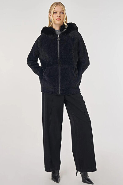 Kayra Fur Detailed Knitwear Cardigan Black