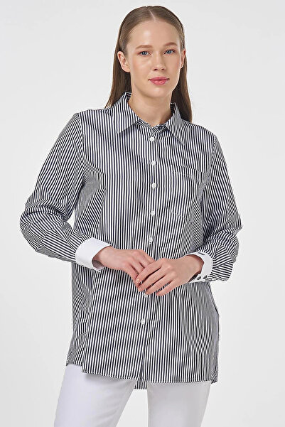 Kayra Cotton Blended Line Pattern Basic Tunic Navy Blue