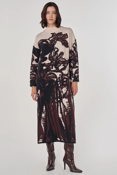 Kayra Abstract Pattern Viscose Knitwear Dress Dark Brown