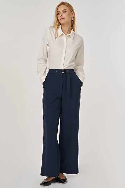 Kayra Metal Buckle Fabric Trousers Dark Navy Blue
