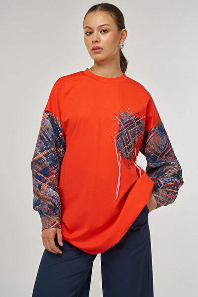 KYR Abstract Pattern Fabric Garnished Pocket Tunic Coral