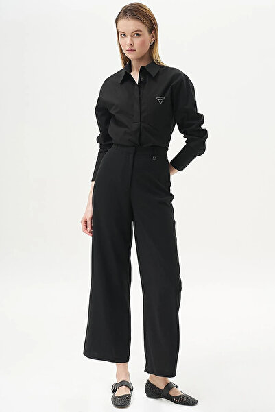 Kayra Basic Wide Leg Crepe Trousers Black