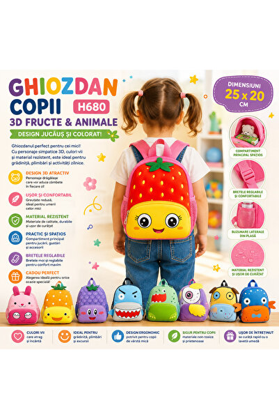 By Rozane Ghiozdan copii 3D fructe și animale 25x20 cm – design jucăuș și col...
