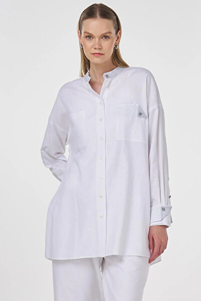 Kayra Judge Collar Linen Viscose Tunic Optical White