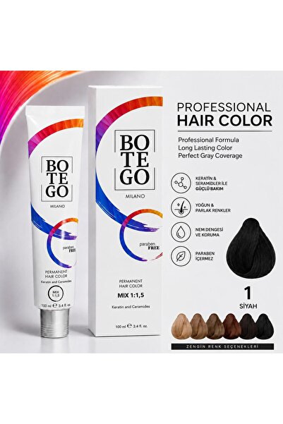botegohair Profesyonel Krem Saç Boyası - 1. Siyah 100 ml