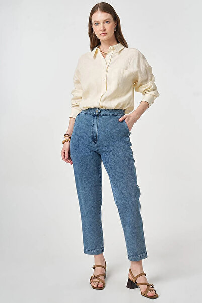 KYR Washable Elastic Waist Carrot Cut Denim Trousers Blue