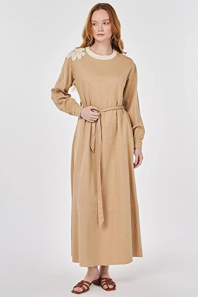 Kayra 100% Cotton Piece Stitched Dress Beige