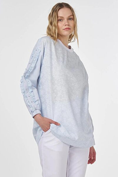 Kayra Floral Patterned Ruffle Sweatshirt Blue