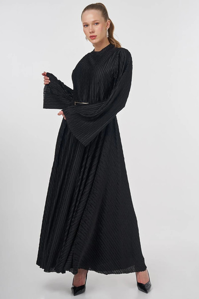 Kayra Belt Detailed Pleated Stylish Dress Black
