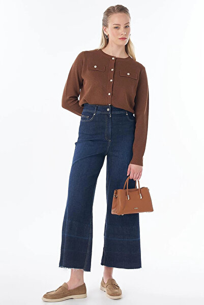 Kayra Washable Wide Leg Denim Trousers Navy Blue