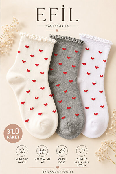 EFİLACCESSORİES Heart-Smelly 3-Piece Women's Socks