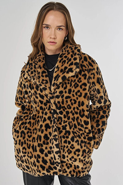 Kayra Palton de pluș cu model leopard bej