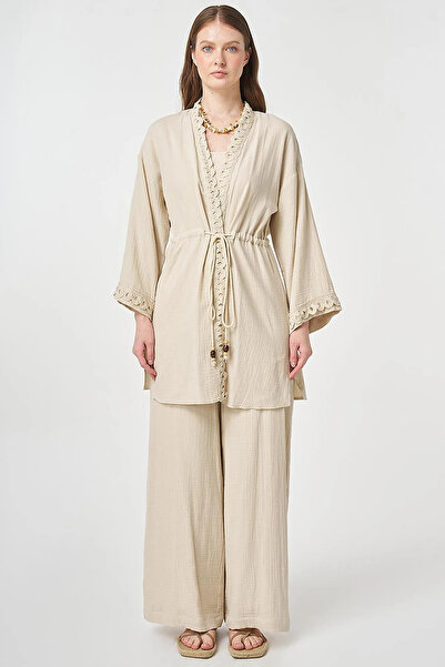 Kayra Striped Lace Detailed Muslin Double Set Stone
