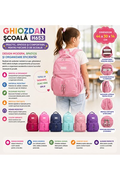 By Rozane Ghiozdan scoala H653 – cu buzunare frontale si laterale, material p...