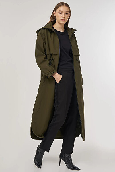 Kayra Waist Drawstring Stand Collar Parka Khaki