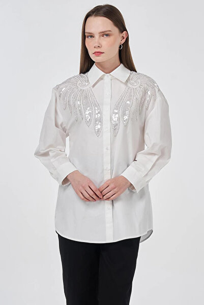 Kayra 100% Cotton Sequin and Pearl Embroidered Tunic Optical White