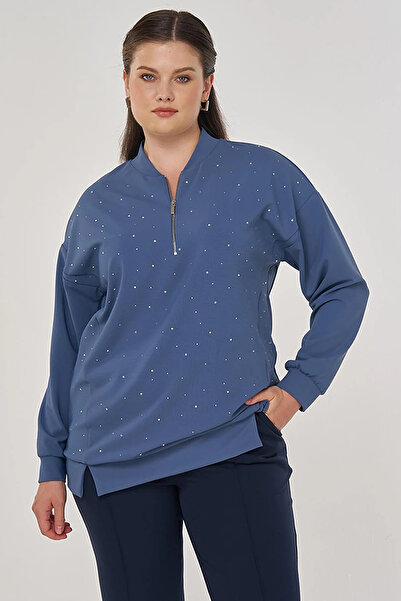 Kayra College Collar Hotfix Printed Sweatshirt Indigo