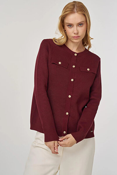 Kayra 100% Viscose Button Detailed Knitwear Cardigan Burgundy