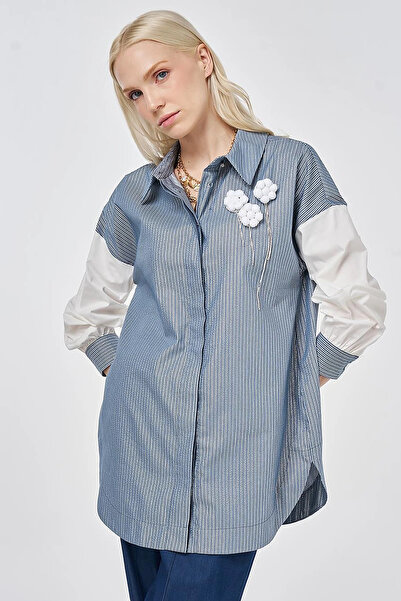 KYR Line Pattern Brooched Cotton Tunic Indigo