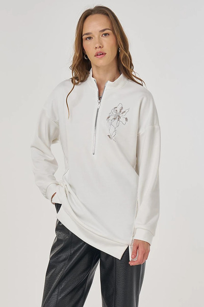 Kayra Hotfix Printed Three Thread Sweatshirt Ecru