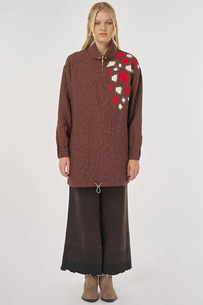 Kayra Mock Neck Waffle Tunic Brown