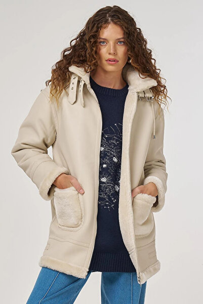 Kayra Faux Leather Coat with Belted Detail Cream