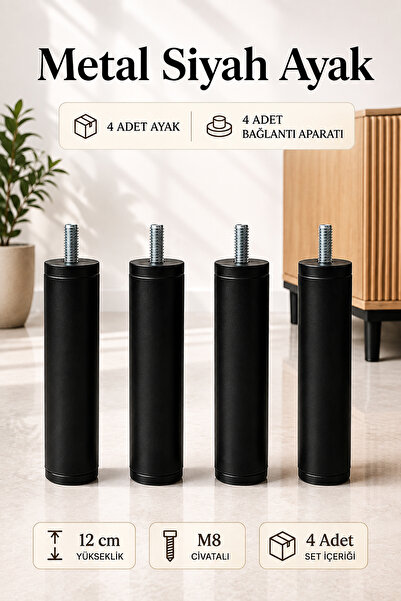 NZB (4 Adet) Metal Ayak Siyah 12 Cm Mobilya Baza Sehpa Dolap Masa Ayağı Moder...