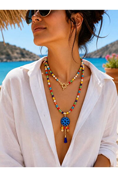 shop Uzun Doğal Taş Süryani Nazar Taşı Kolye Farklı Renk Seçenekleri